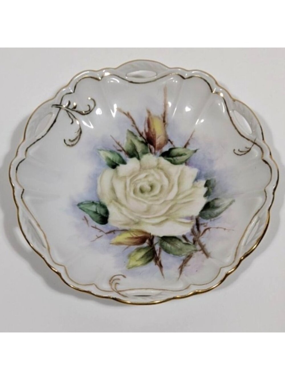Hand-Painted Gerri Griffith Porcelain Plate White Rose Design Gold Trim Vintage